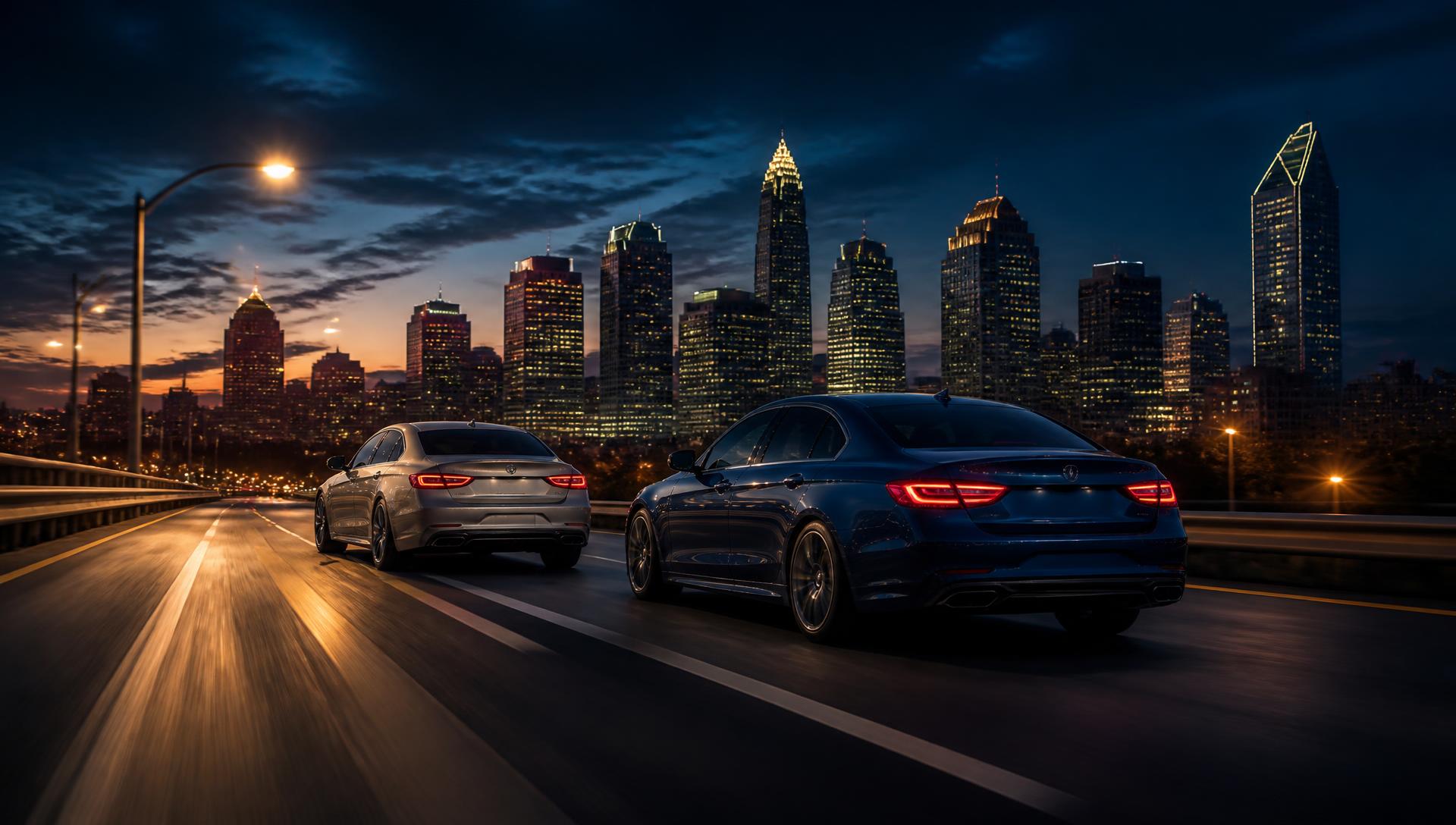 Charlotte skyline at dusk with rental vehicles